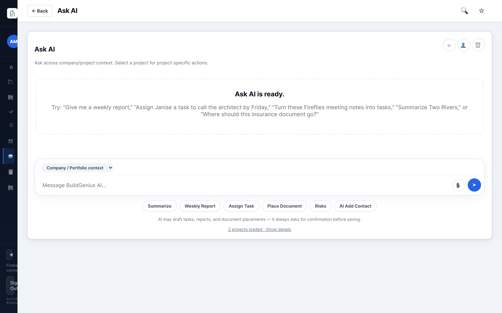 BuildGenius Ask AI page with a clean chat input and suggested prompts