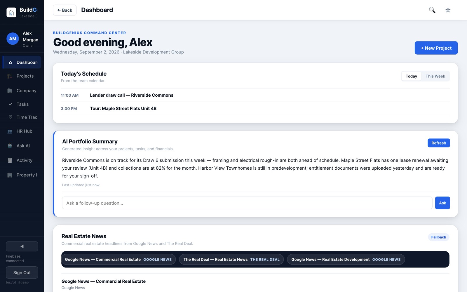 BuildGenius dashboard showing today's schedule, AI Portfolio Summary, and real estate news