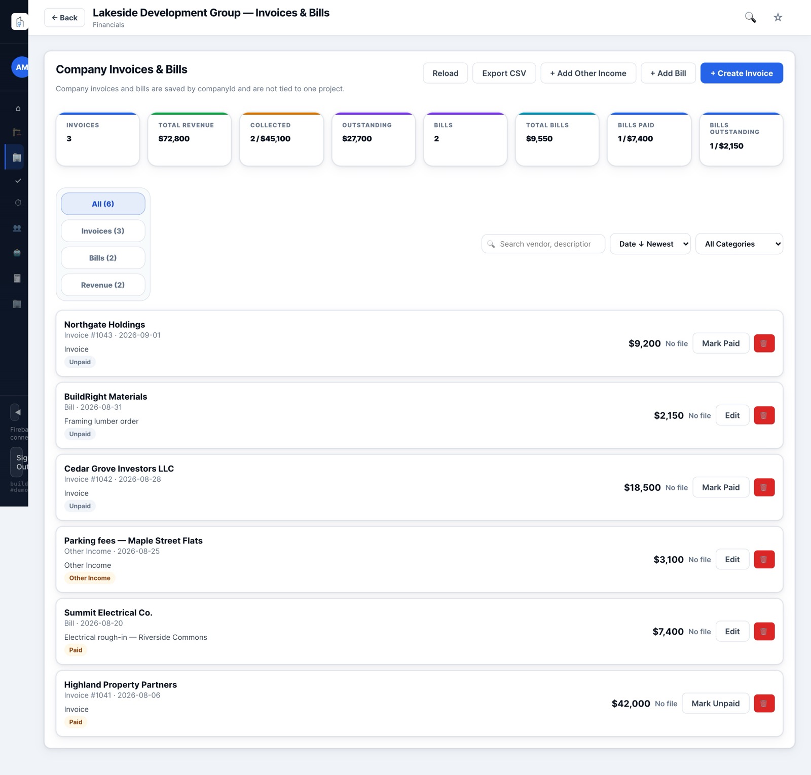 BuildGenius invoices and bills view with revenue, collected, and outstanding totals